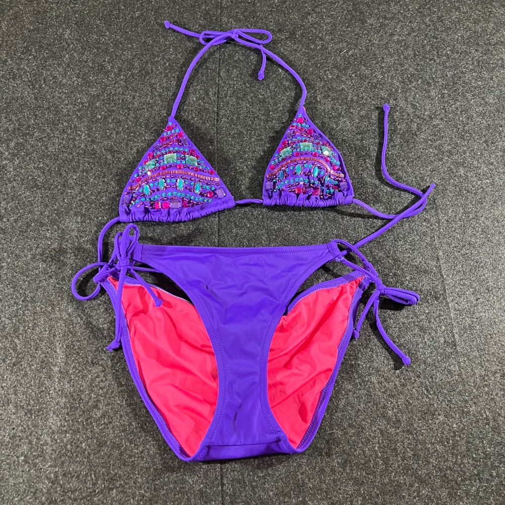 Victoria Secret Bikini Set Womens Medium Purple Beaded Embellished Y2K Boho